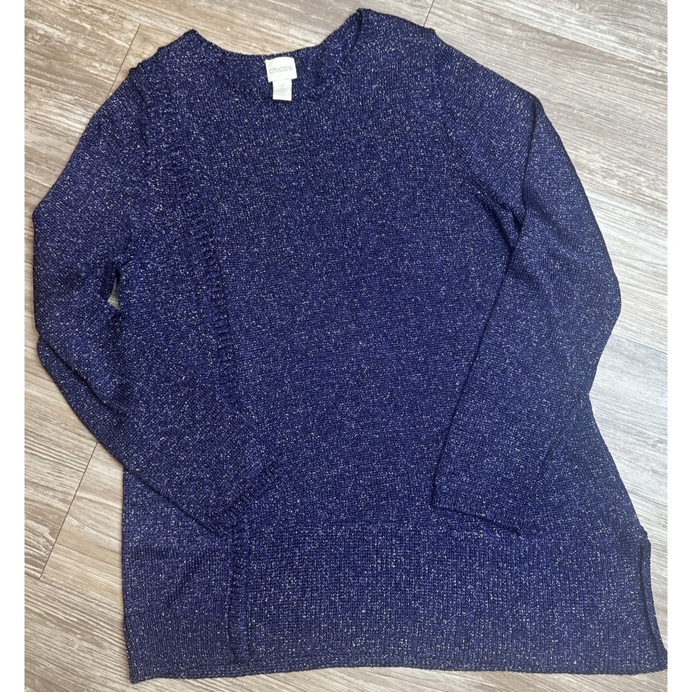 Chico's Women's Size 2 Purple Sparkle Long Sleeve PullOver Lightwght Side Slit